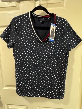Tommy Hilfiger Navy Polka Dot V‑Neck with Contrast Trim